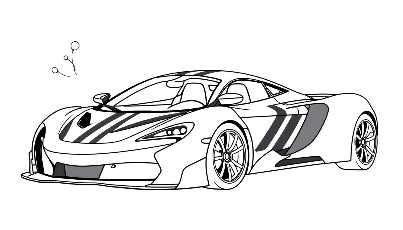 Un coche deportivo McLaren para colorear, con líneas negras y blancas, sobre un fondo blanco con formas abstractas en la esquina superior izquierda.