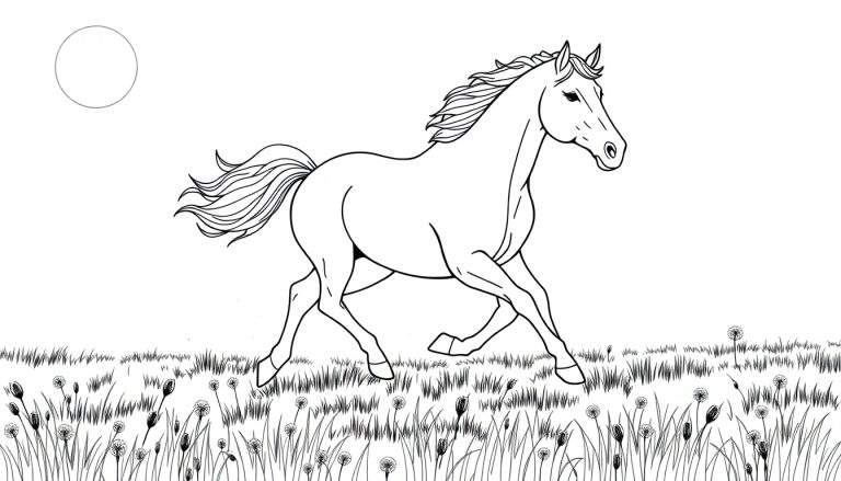 Un caballo de dibujo lineal galopando en un campo de hierba con flores, una placa de color para imaginar.