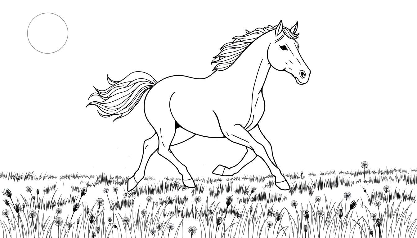 Un caballo de dibujo lineal galopando en un campo de hierba con flores, una placa de color para imaginar.