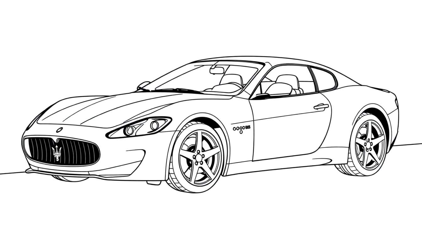 Un coche deportivo Maserati listo para ser coloreado, con la placa de color blanca.