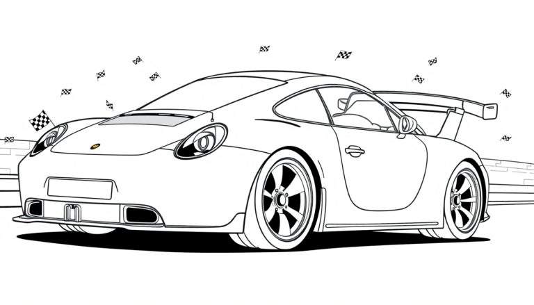 Un coche de carreras Porsche listo para colorear, con la placa de color, en un circuito de carreras con banderas a cuadros.