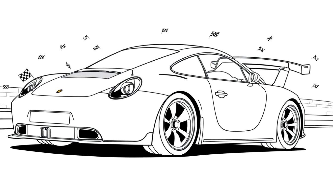 Un coche de carreras Porsche listo para colorear, con la placa de color, en un circuito de carreras con banderas a cuadros.