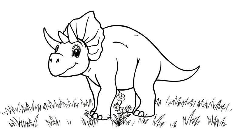 Un Triceratops caricaturesco con tres cuernos y un volante en la cabeza, parado en un parche de hierba con flores, listo para ser coloreado, con líneas gruesas y sencillas. Placa de color Triceratops.