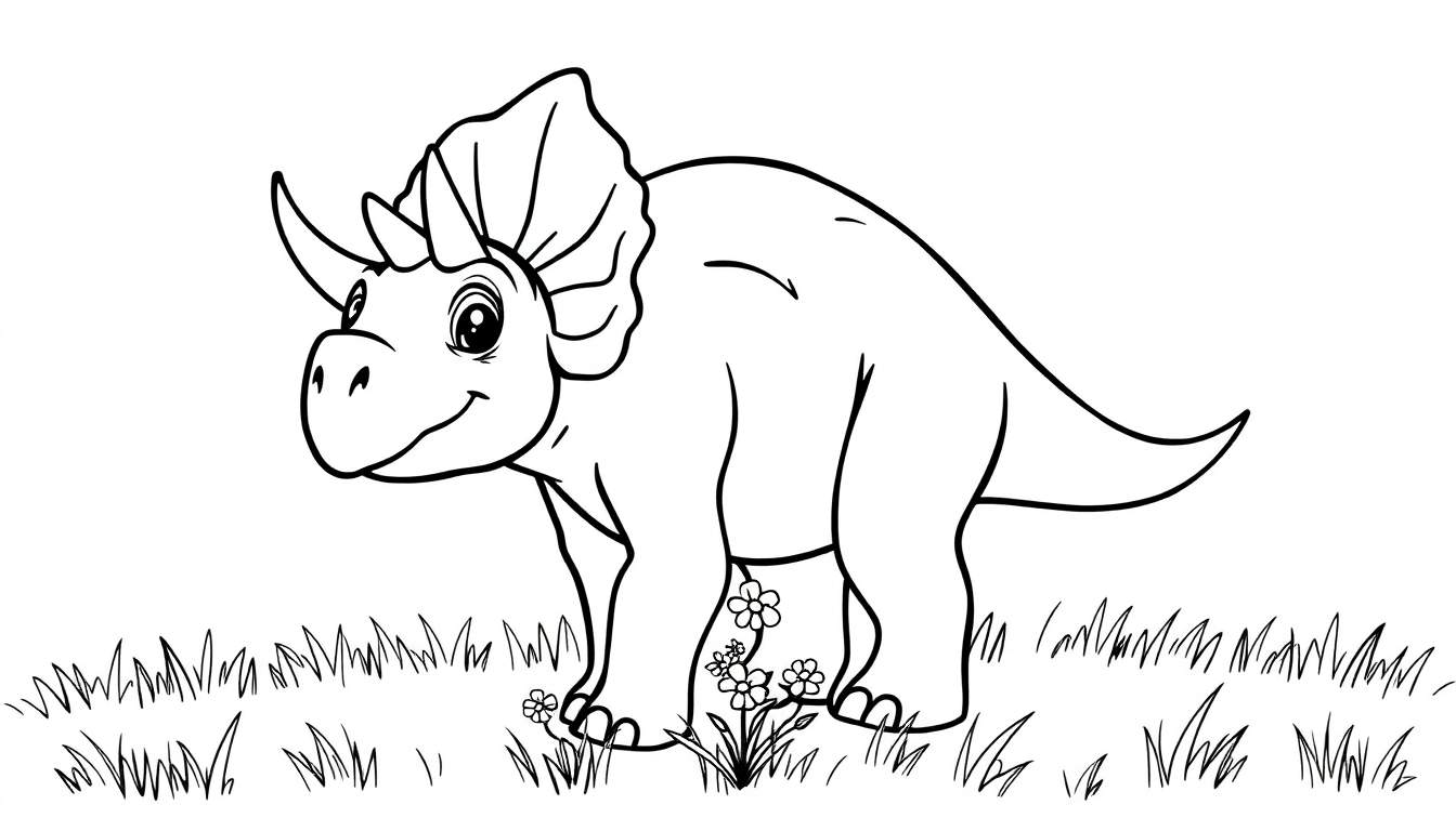 Un Triceratops caricaturesco con tres cuernos y un volante en la cabeza, parado en un parche de hierba con flores, listo para ser coloreado, con líneas gruesas y sencillas. Placa de color Triceratops.