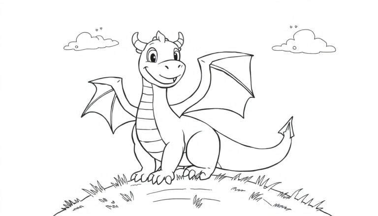 Un dragón amigable de líneas simples para colorear, listo para volar con sus grandes alas desplegadas.