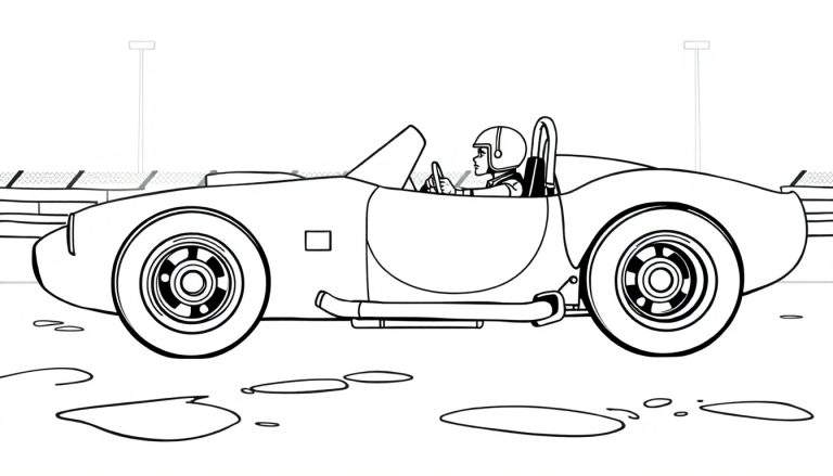 Un coche de carreras descapotable de dibujos animados con un piloto, listo para ser pintado con su placa de color.