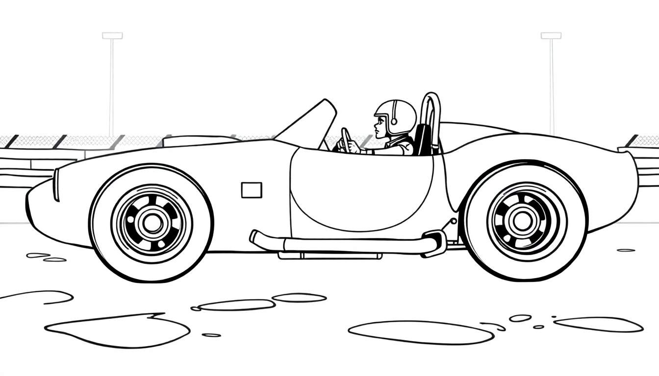 Un coche de carreras descapotable de dibujos animados con un piloto, listo para ser pintado con su placa de color.