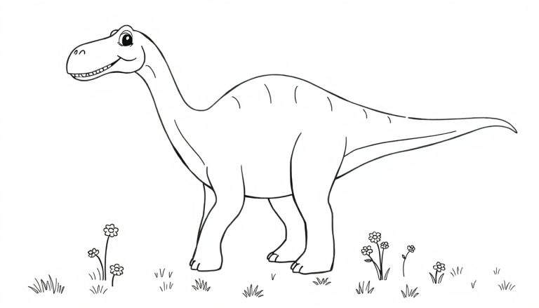 Un dibujo lineal de un dinosaurio herbívoro amigable de cuello largo, listo para ser coloreado, con flores y hierba debajo. Placa de color.