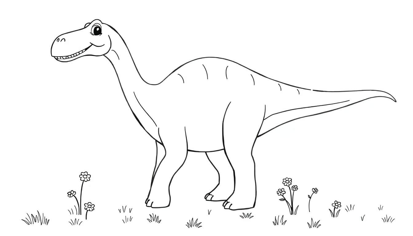 Un dibujo lineal de un dinosaurio herbívoro amigable de cuello largo, listo para ser coloreado, con flores y hierba debajo. Placa de color.