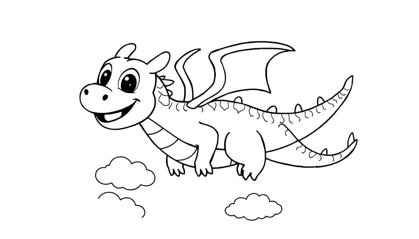 Placa de color de un dragón de caricatura volando entre nubes.