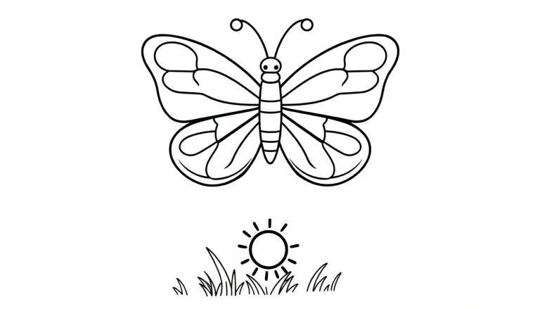 Placa de color de una mariposa amigable volando con un sol amigable.