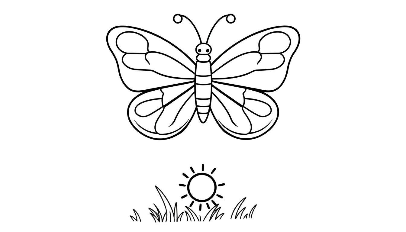 Placa de color de una mariposa amigable volando con un sol amigable.