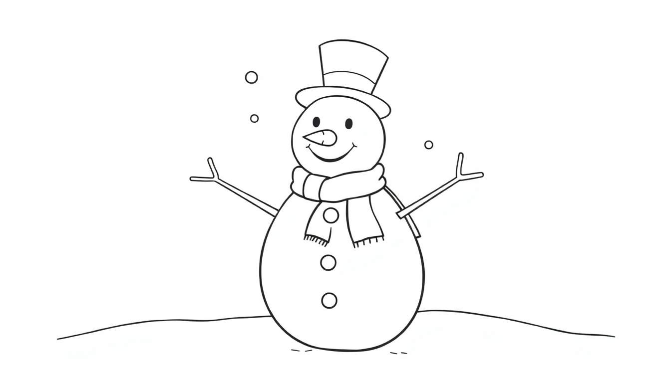 Placa de color de un muñeco de nieve amigable con sombrero y bufanda.
