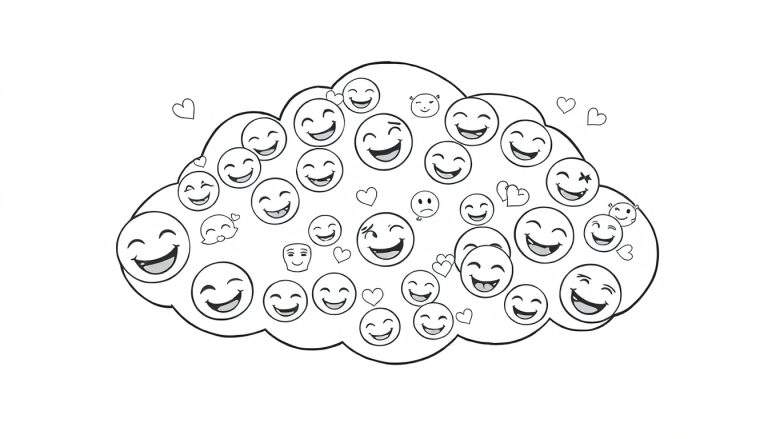 Placa de color de una nube de emojis felices y corazones.