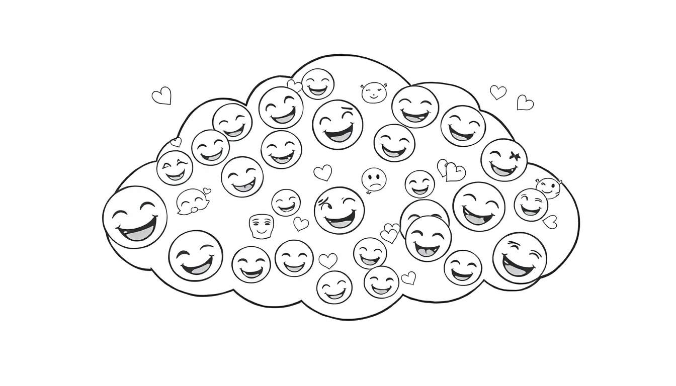 Placa de color de una nube de emojis felices y corazones.