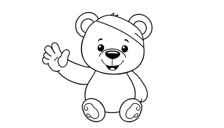Un oso de peluche sonriente con una venda en la cabeza, saludando con la mano, listo para ser coloreado.