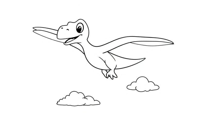 Un Pteranodon amigable de dibujos animados volando entre nubes, listo para la placa de color.