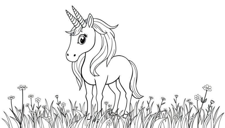Placa de color de un unicornio blanco y negro en un campo.
