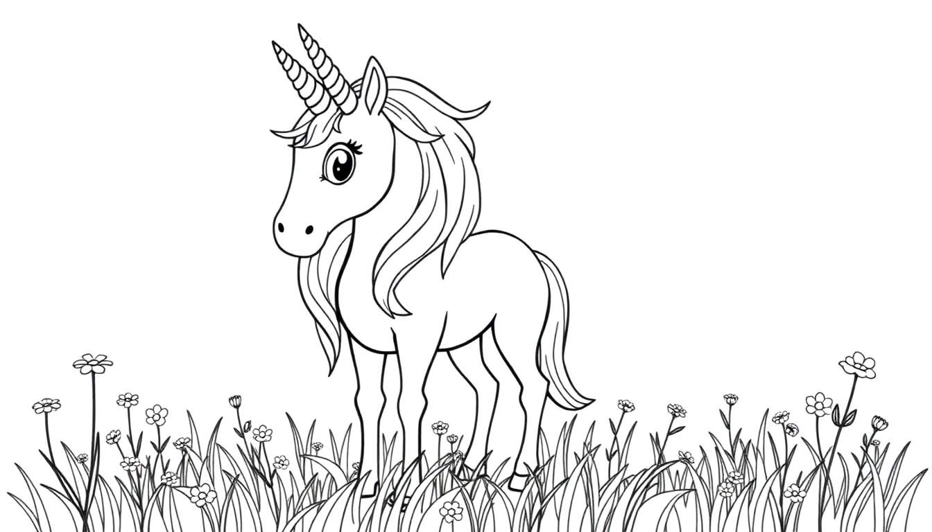 Placa de color de un unicornio blanco y negro en un campo.