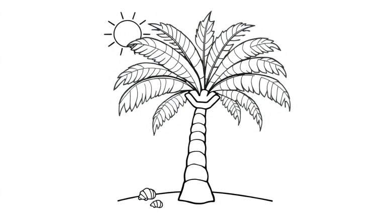 Una placa de color de una palmera soleada en la playa.