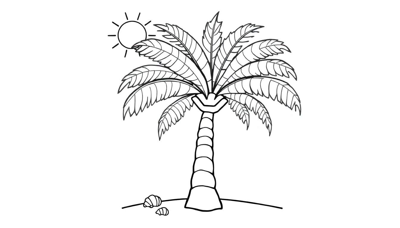 Una placa de color de una palmera soleada en la playa.