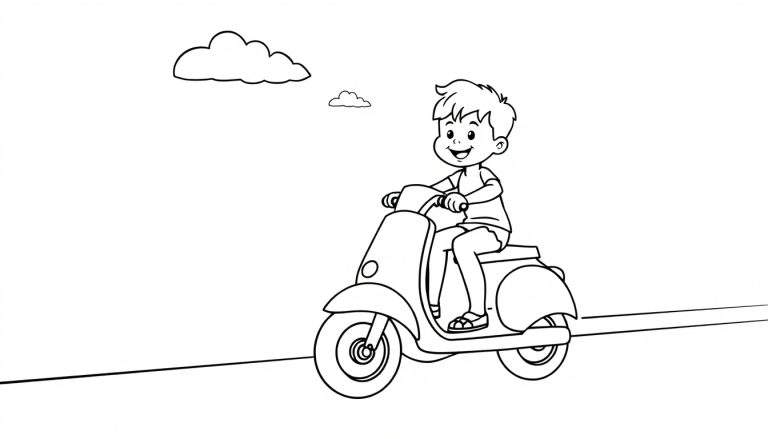 Placa de color de un niño sonriente en una moto tipo scooter.