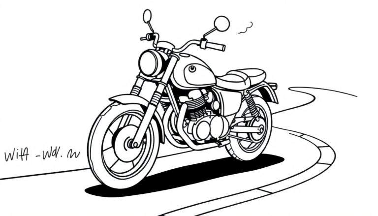 Una motocicleta de dibujo lineal en blanco y negro con una placa para colorear.