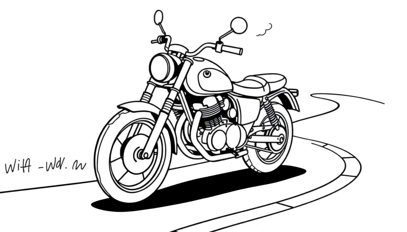 Una motocicleta de dibujo lineal en blanco y negro con una placa para colorear.