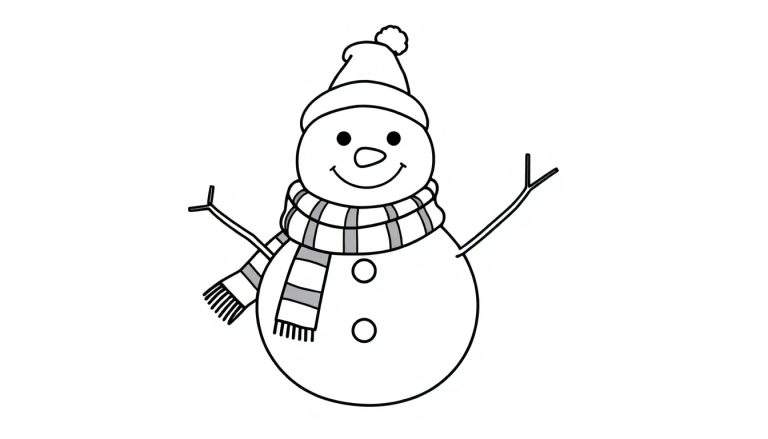 Placa de color de un muñeco de nieve sonriente con bufanda y gorro.