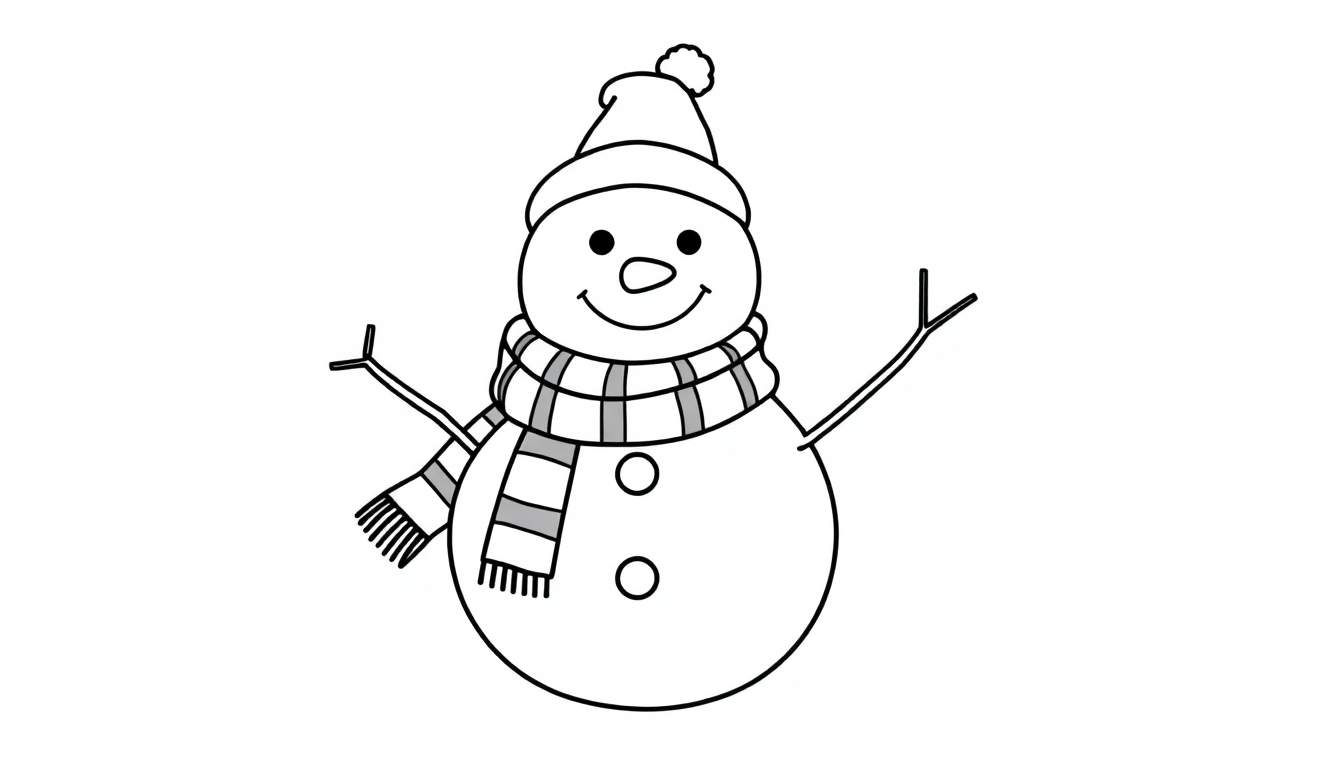 Placa de color de un muñeco de nieve sonriente con bufanda y gorro.