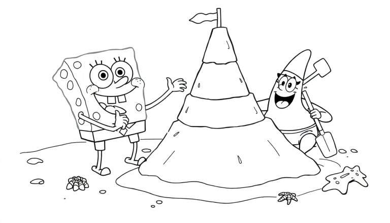 Bob Esponja y Patricio construyendo un castillo de arena, página para colorear con placa de color.
