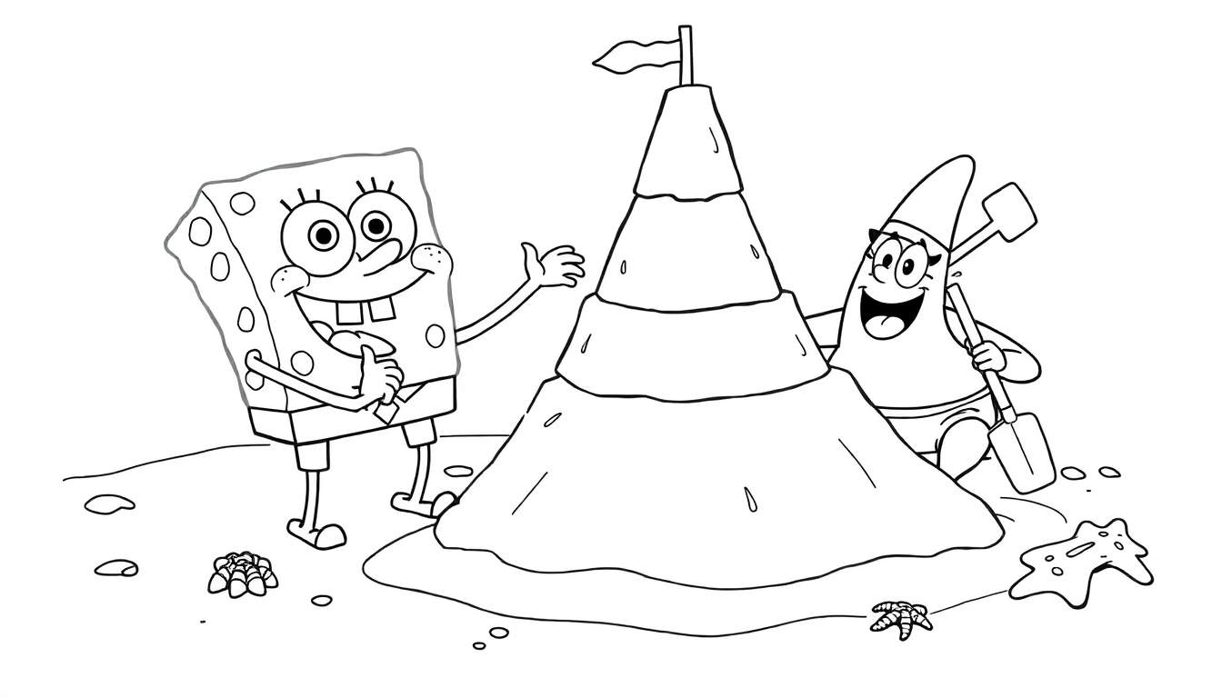 Bob Esponja y Patricio construyendo un castillo de arena, página para colorear con placa de color.