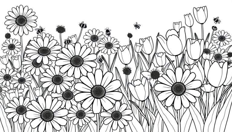 Placa de color con margaritas y tulipanes con abejas