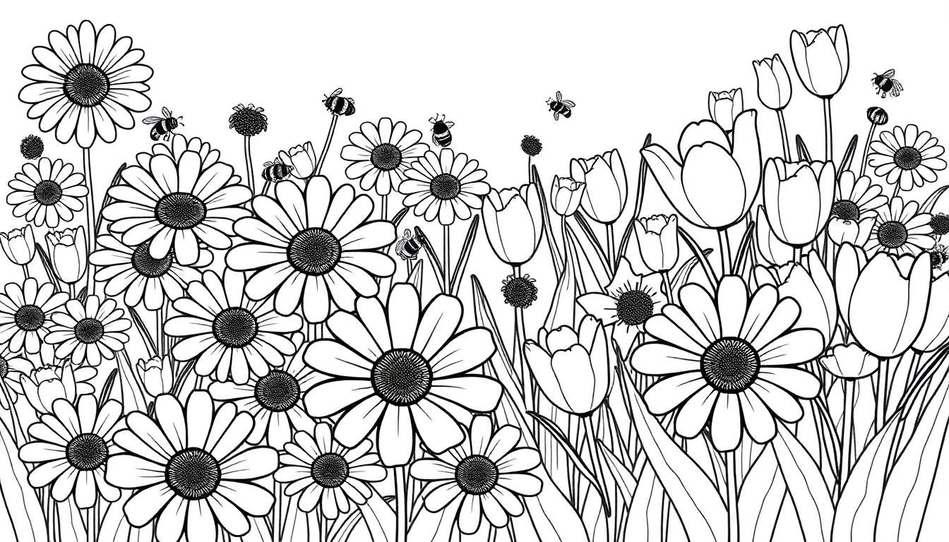 Placa de color con margaritas y tulipanes con abejas