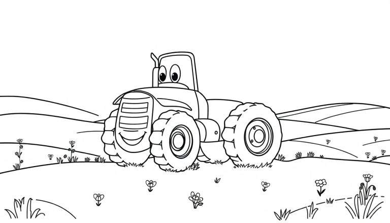 Un tractor amigable en un campo, listo para ser coloreado, mostrando una placa de color.