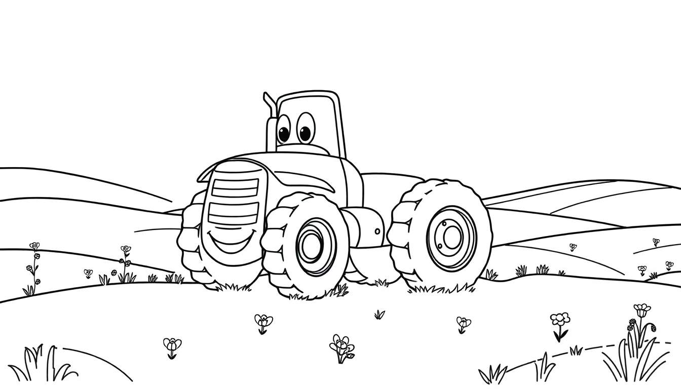 Un tractor amigable en un campo, listo para ser coloreado, mostrando una placa de color.
