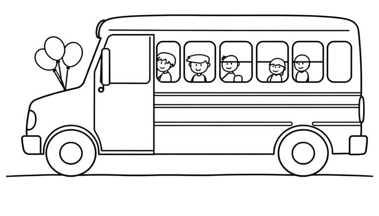Placa de color de un autobús escolar con niños y globos.