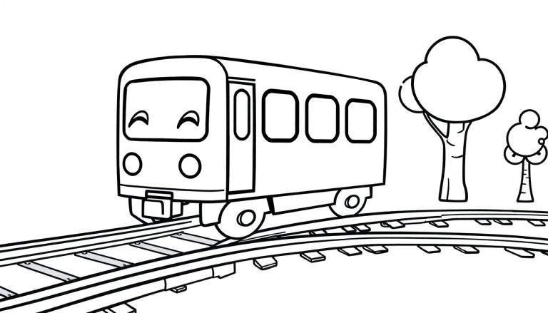 Un tren de metro amigable de dibujos animados listo para colorear, en una vía curva con árboles al fondo. Placa de color.