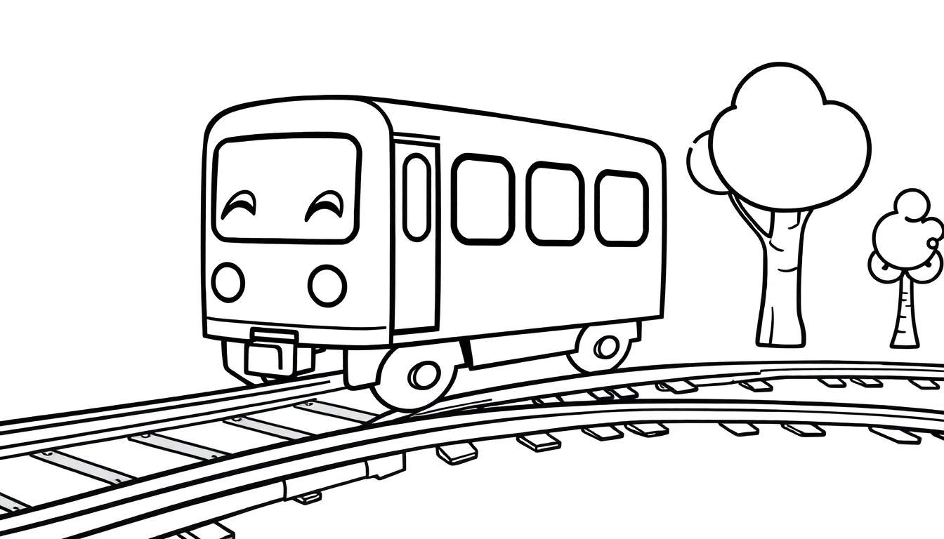 Un tren de metro amigable de dibujos animados listo para colorear, en una vía curva con árboles al fondo. Placa de color.