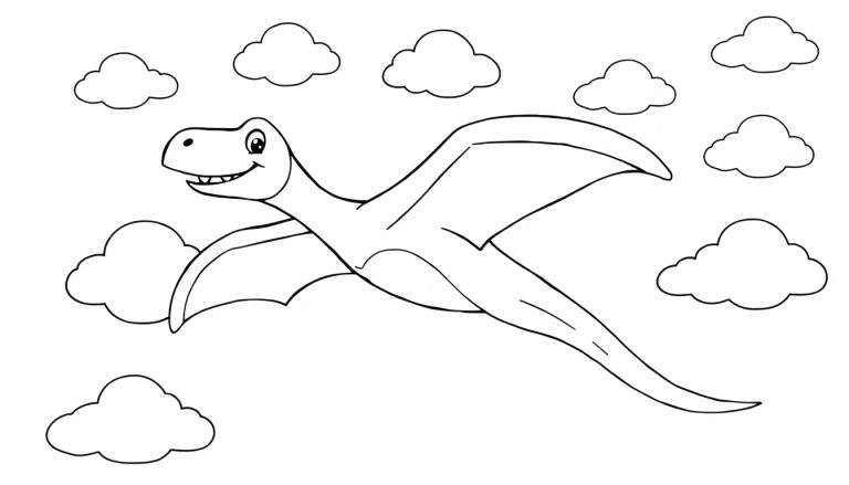 Un pteranodonte sonriente vuela entre nubes en esta placa de color.