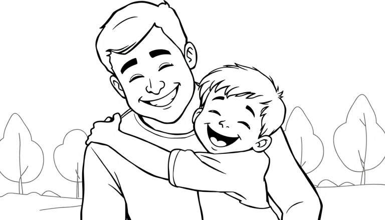 Un niño abraza a su papá con líneas gruesas para colorear, sin colores, como una placa de color.