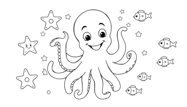 Placa de color de un pulpo sonriente rodeado de estrellas de mar y pececitos.