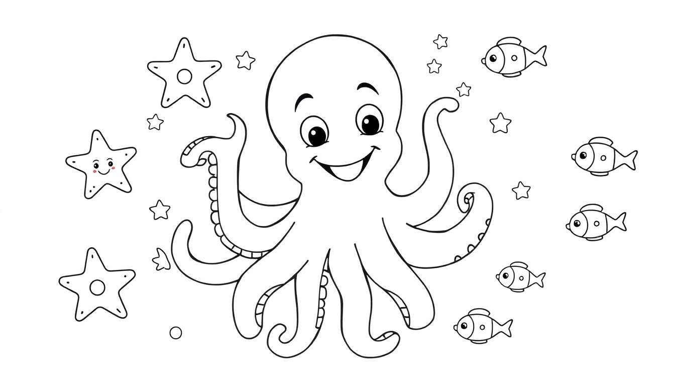 Placa de color de un pulpo sonriente rodeado de estrellas de mar y pececitos.