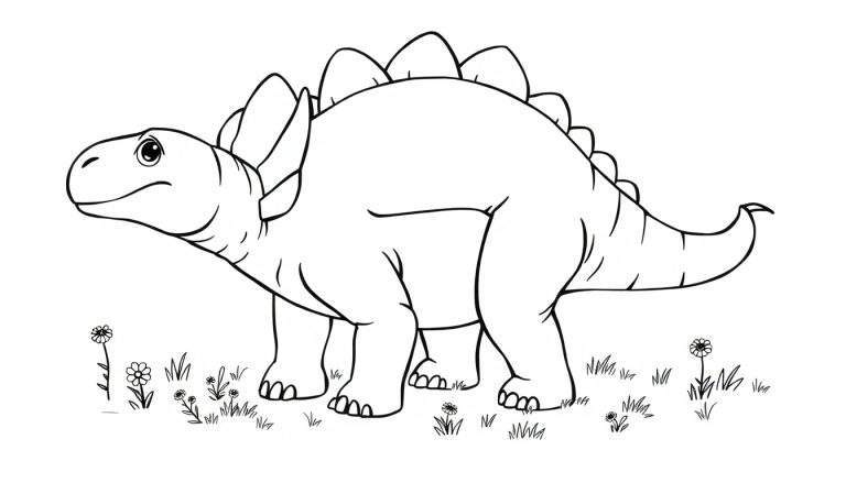 Un dibujo para colorear de un anquilosaurio amistoso con una gran placa en su espalda, listo para ser coloreado, con líneas en blanco y negro.
