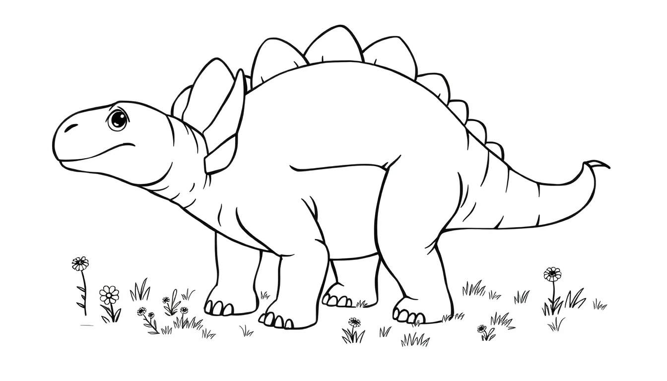 Un dibujo para colorear de un anquilosaurio amistoso con una gran placa en su espalda, listo para ser coloreado, con líneas en blanco y negro.