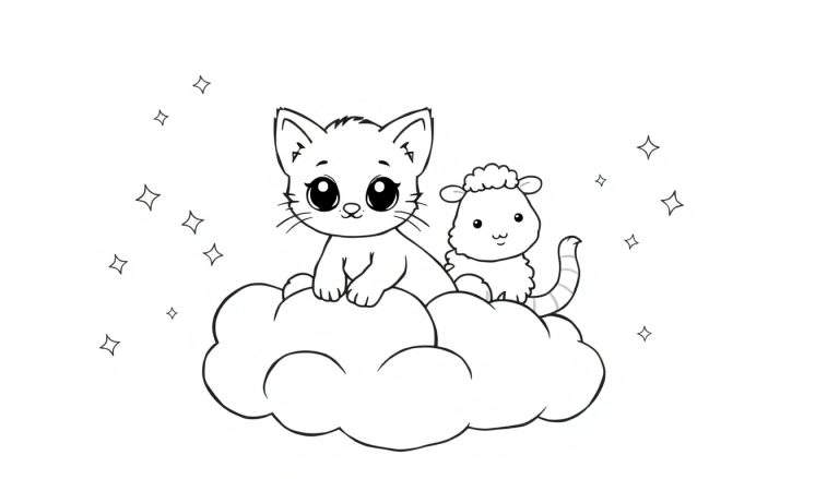 Placa de color con un gatito y una oveja sentados en una nube rodeados de estrellas.