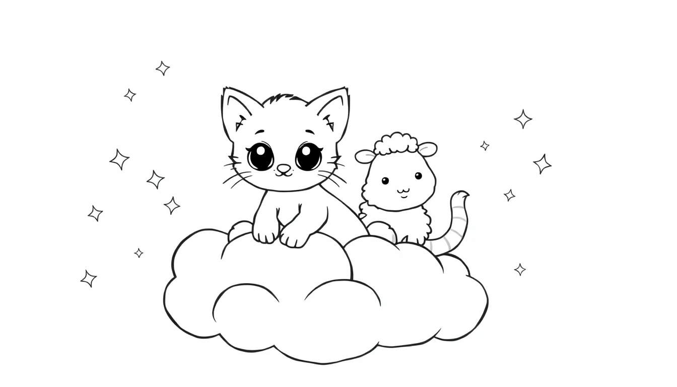 Placa de color con un gatito y una oveja sentados en una nube rodeados de estrellas.