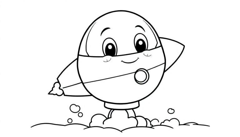 Dibujo para colorear de un cohete amigable listo para despegar, con una placa de color a su lado.