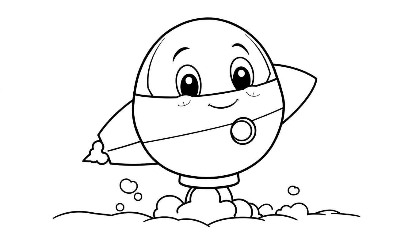 Dibujo para colorear de un cohete amigable listo para despegar, con una placa de color a su lado.