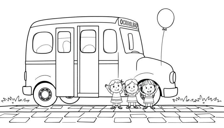 Placa de color de un autobús escolar con niñas saludando.